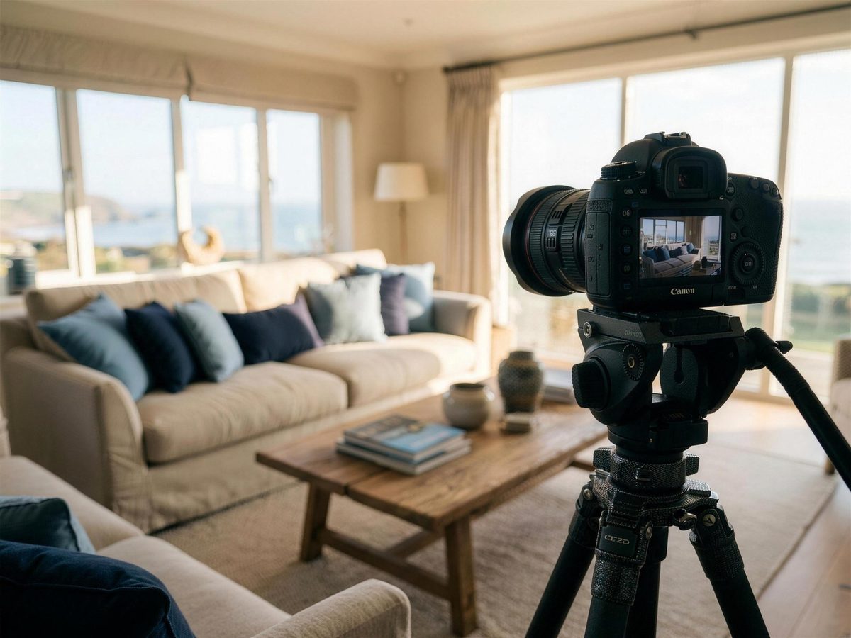 A camera on a tripod photographing a beautifully styled living room