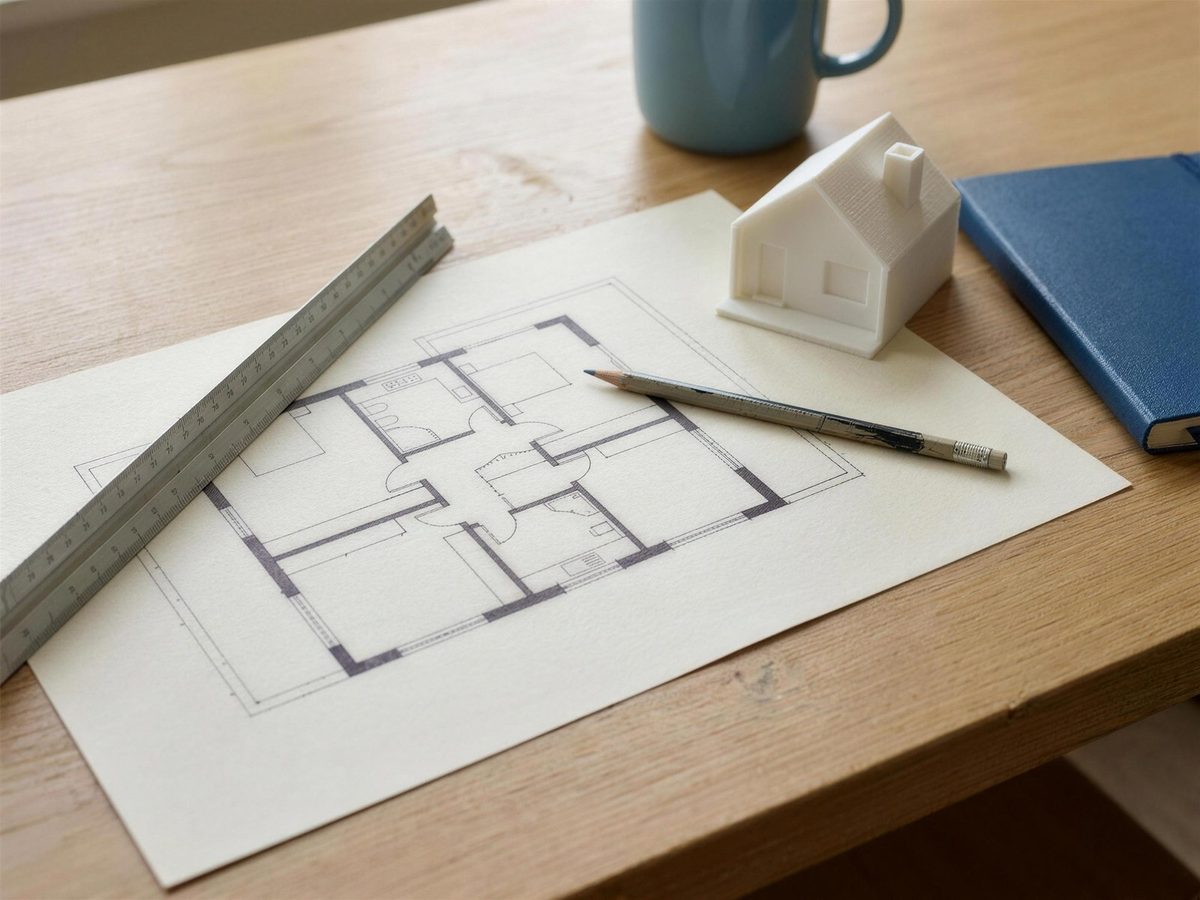 An accurate scaled floor plan with a ruler and model house