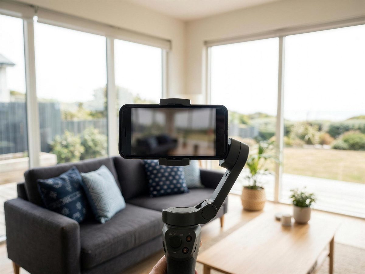A phone on a gimbal filming a bright living room for a video tour
