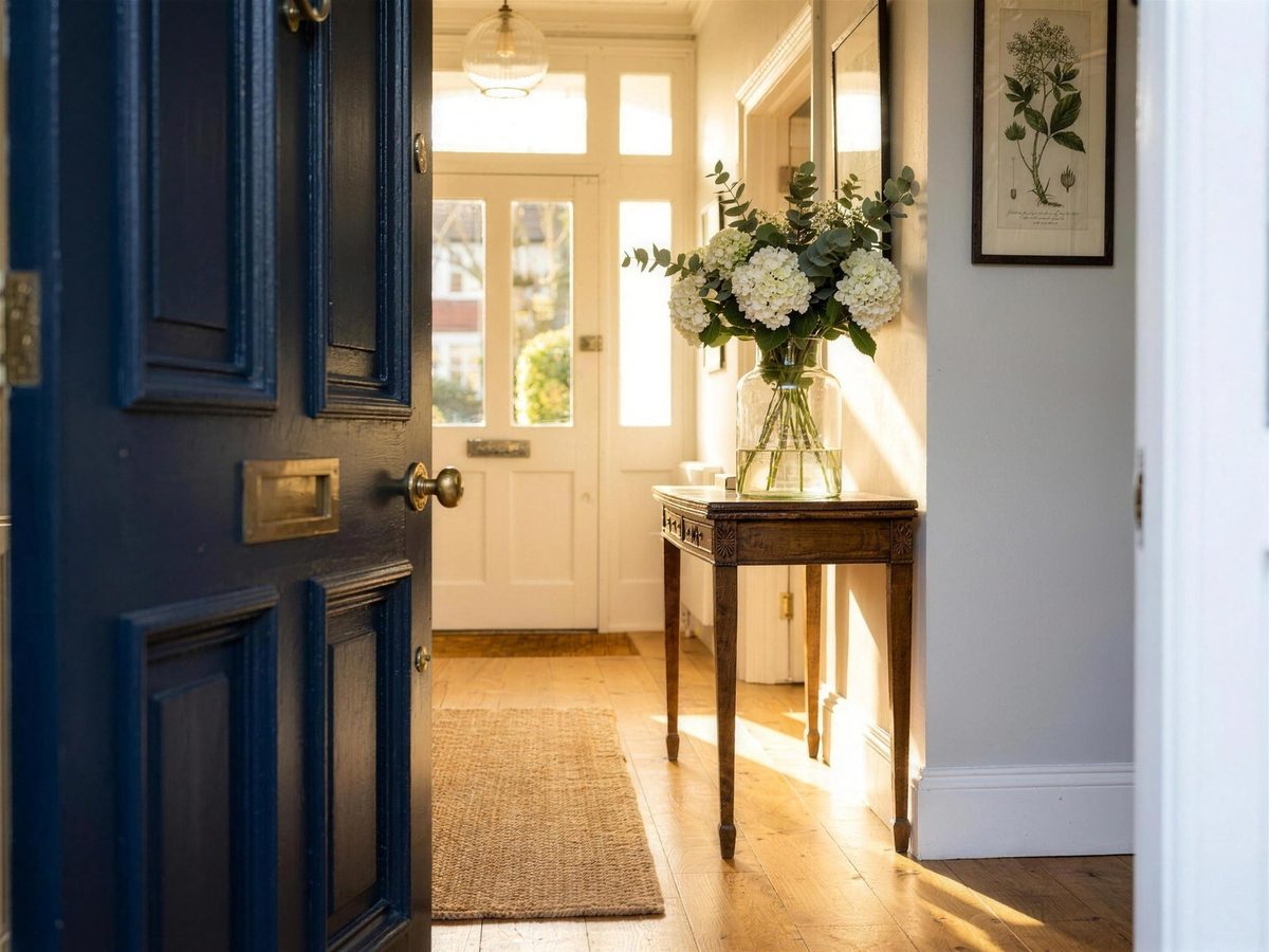 A welcoming open blue front door onto a bright hall for a viewing