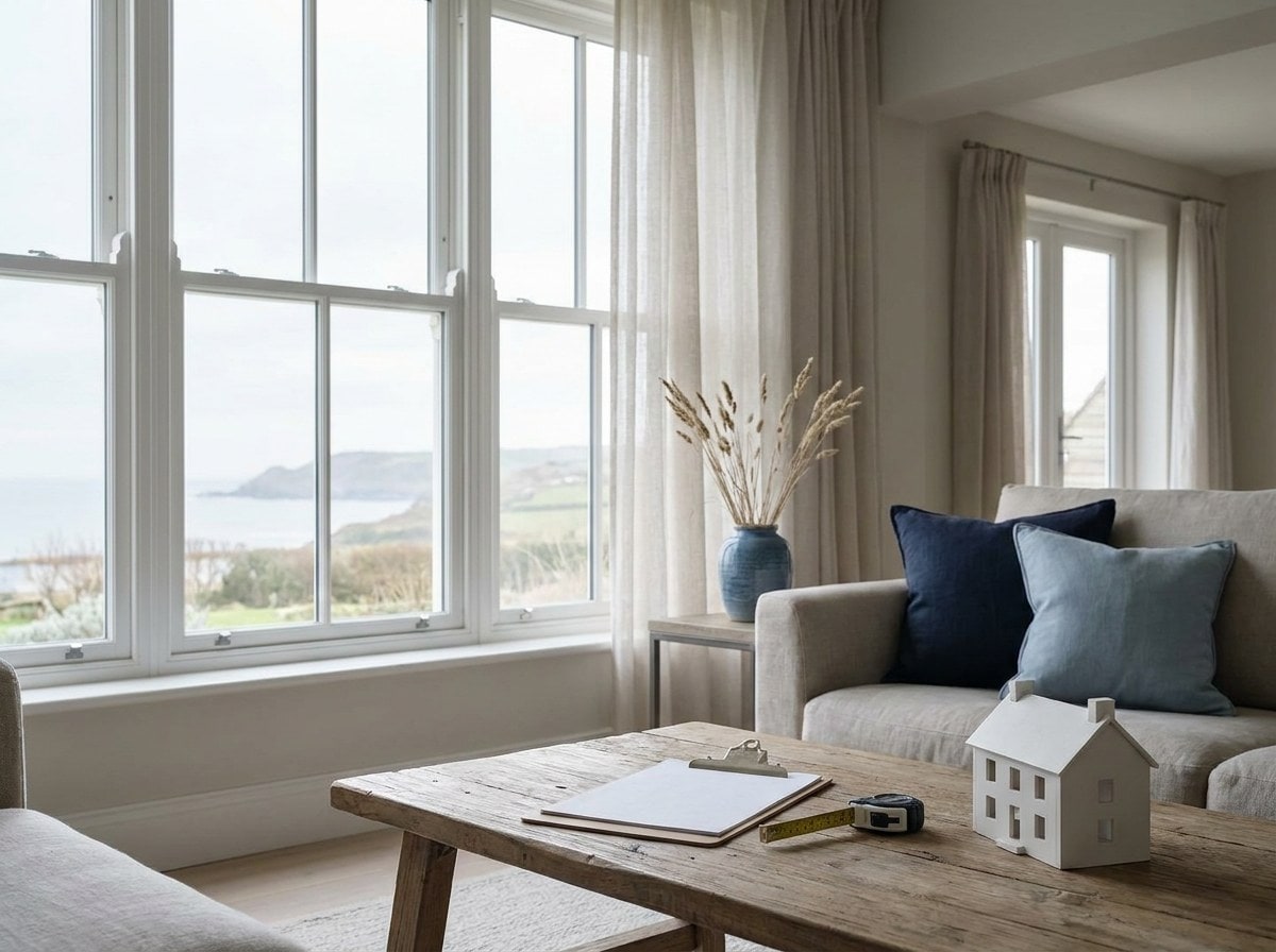 A South Devon living room with valuation paperwork and a model house on the table