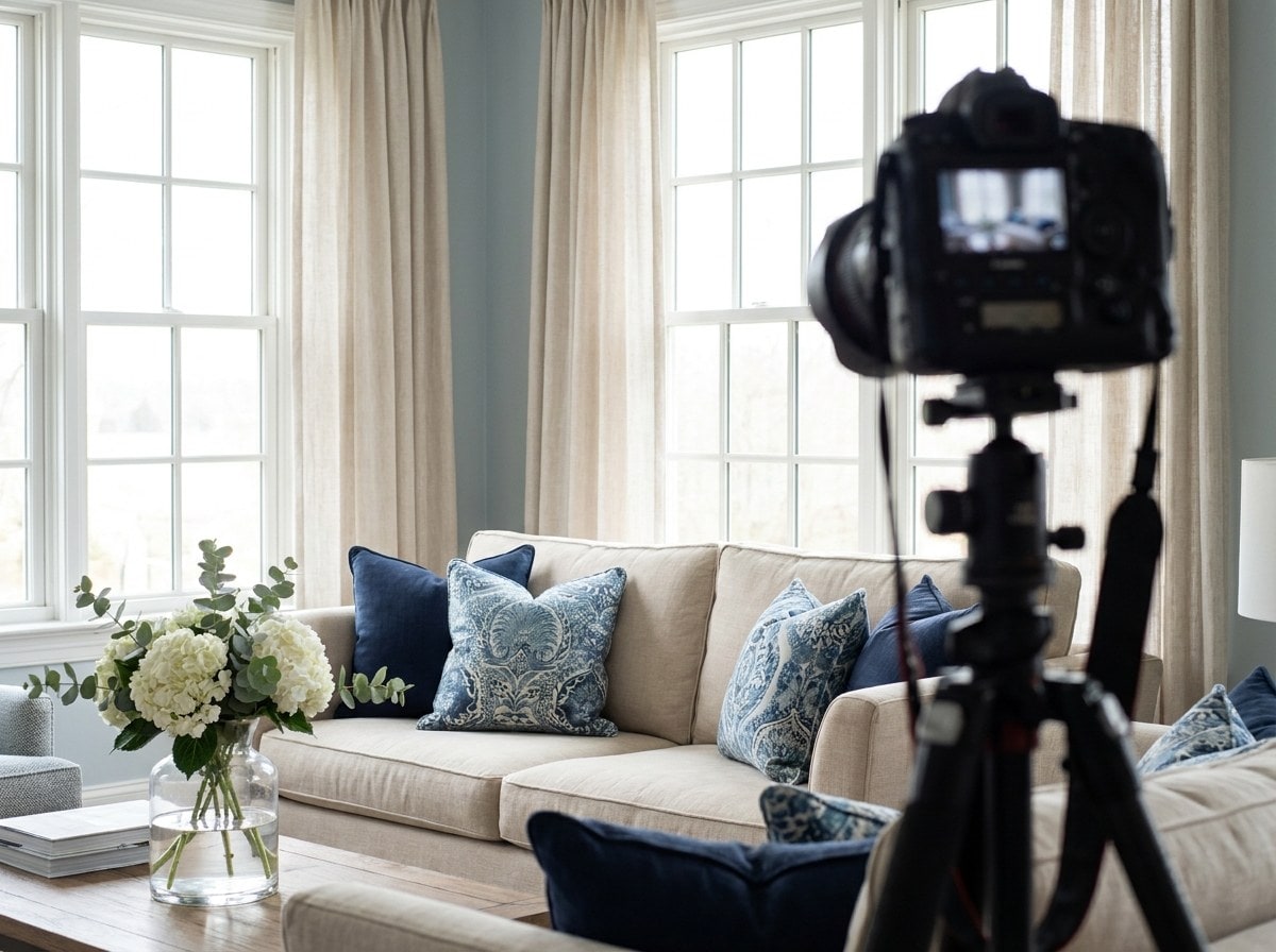 A camera on a tripod photographing a beautifully styled living room