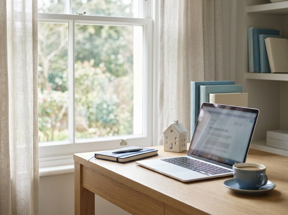 A desk with a laptop, model house and notes, listing a property online