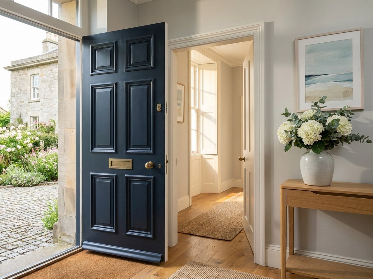 A welcoming open blue front door onto a bright entrance hall