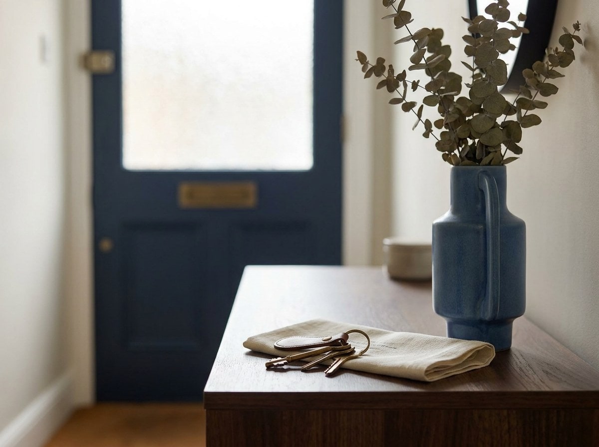 House keys and a folded document on a hall table by a blue door