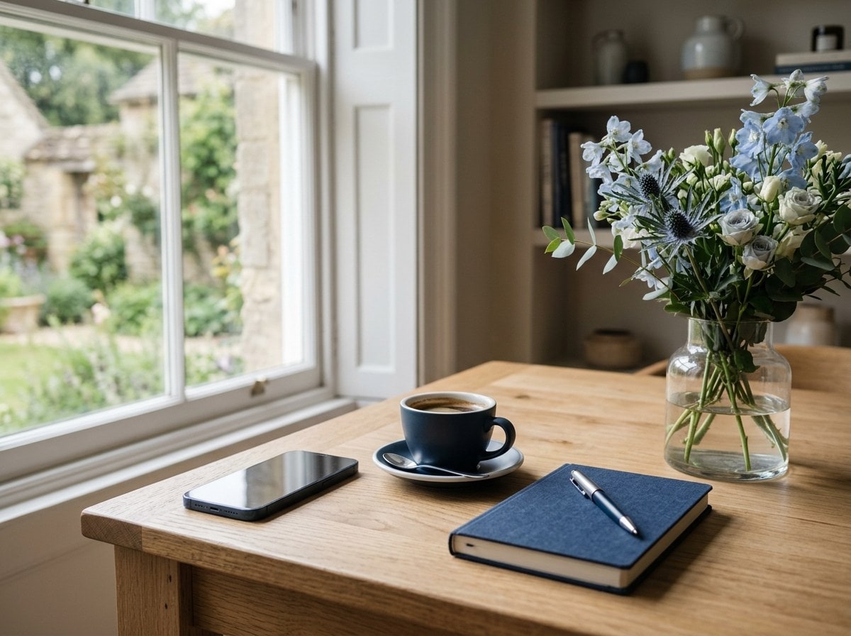 A smartphone, coffee and notebook on a desk, ready for a chat whenever you need us